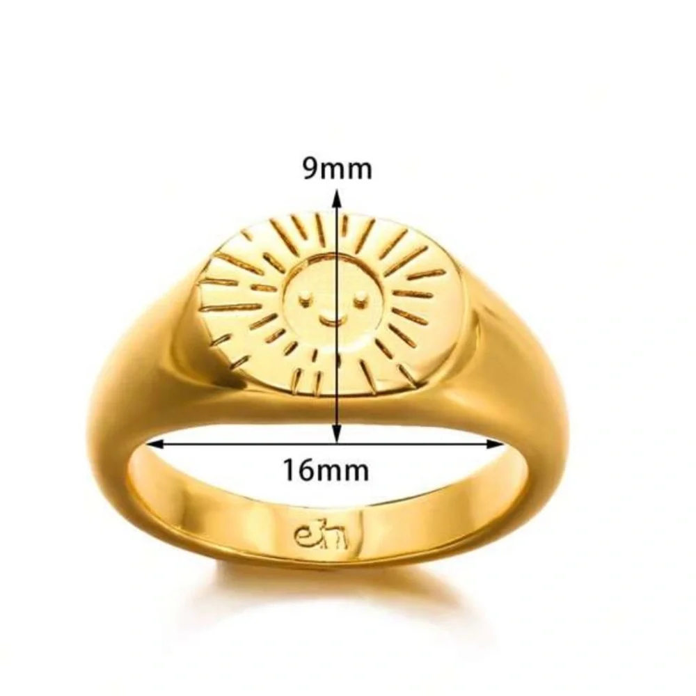 Vintage-Inspiring Stainless Steel 18k REAL Gold Plated Sun Ray Round Ring